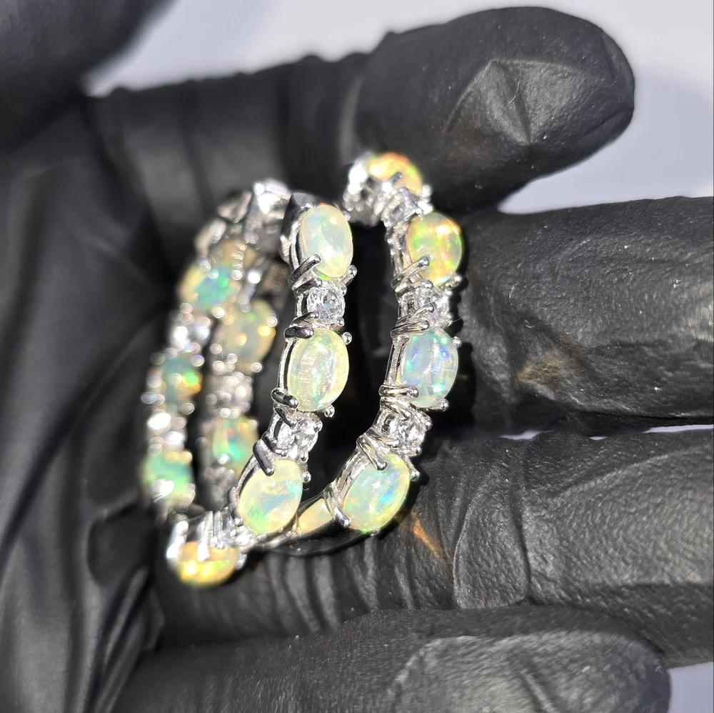 Watch Video / Extraordinary Sterling Silver 925 Opal Hoop Earrings